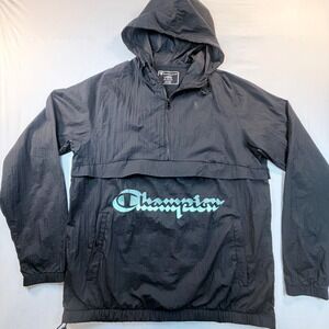 Champion Windbreaker Mens Large Black Teal Logo Half Zip Hooded Jacket